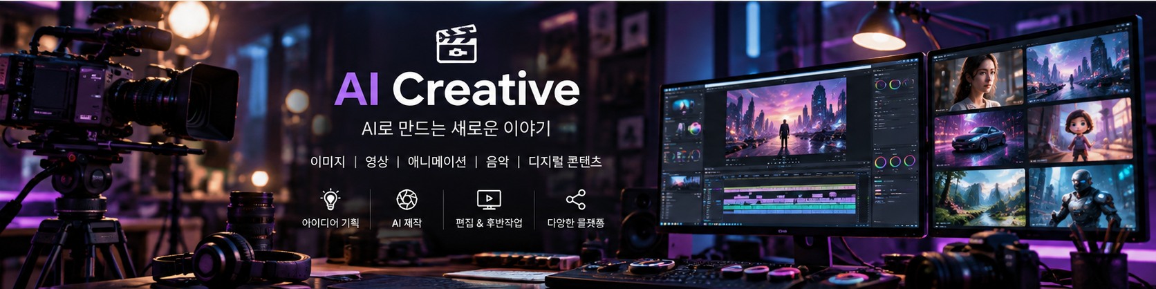 카메라와 영상 편집 화면이 있는 AI Creative 스튜디오